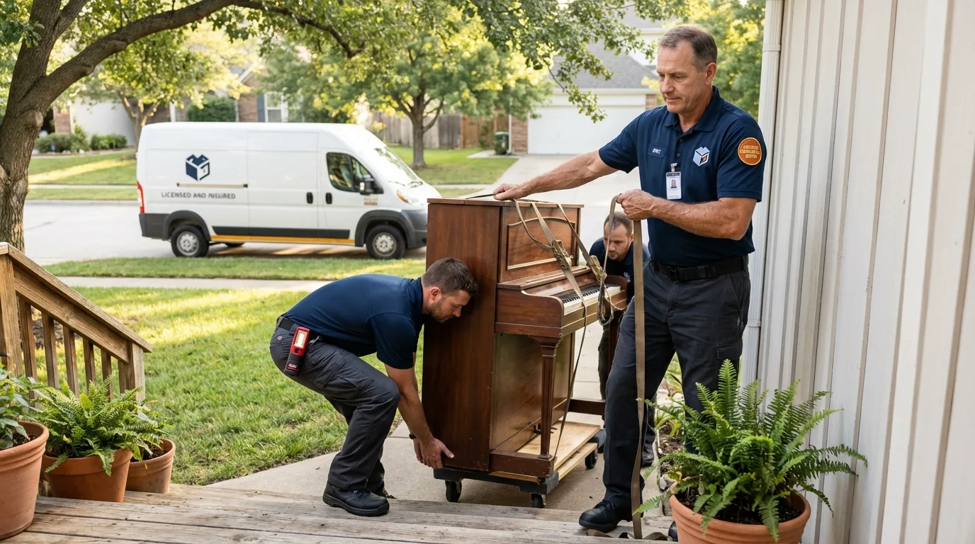 Licensed piano movers securing grand piano in Dighton, KS