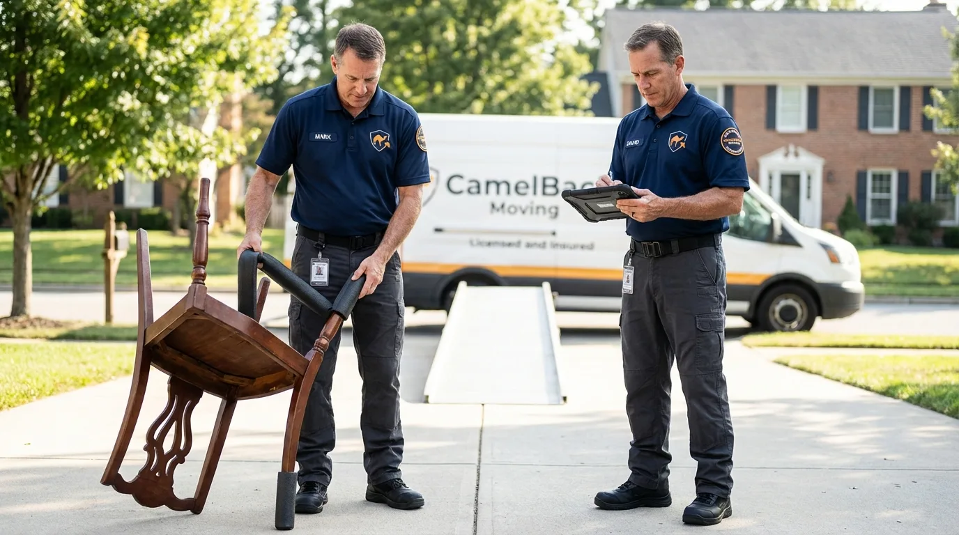 Movers inspecting furniture for damage prevention before loading in Dighton, KS
