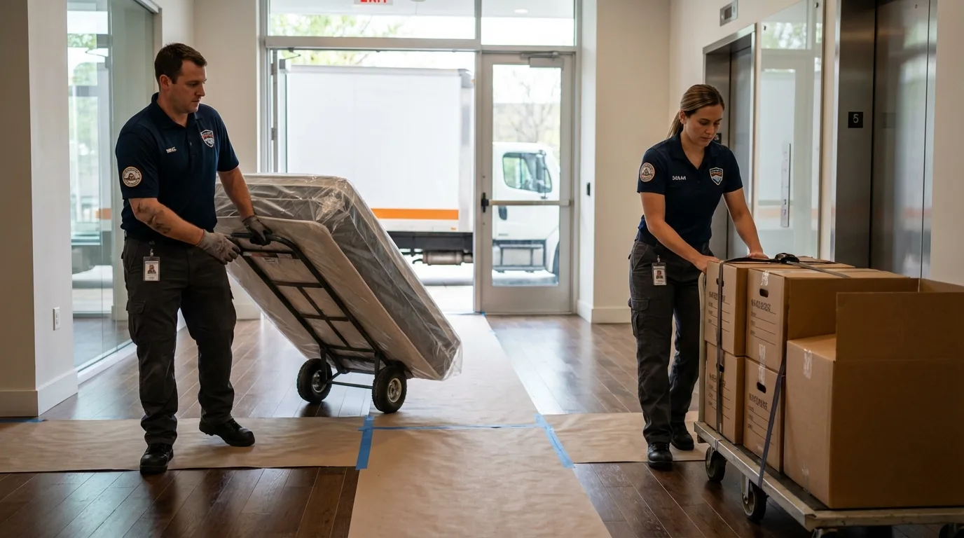 Professional apartment movers loading elevator in Dighton, KS